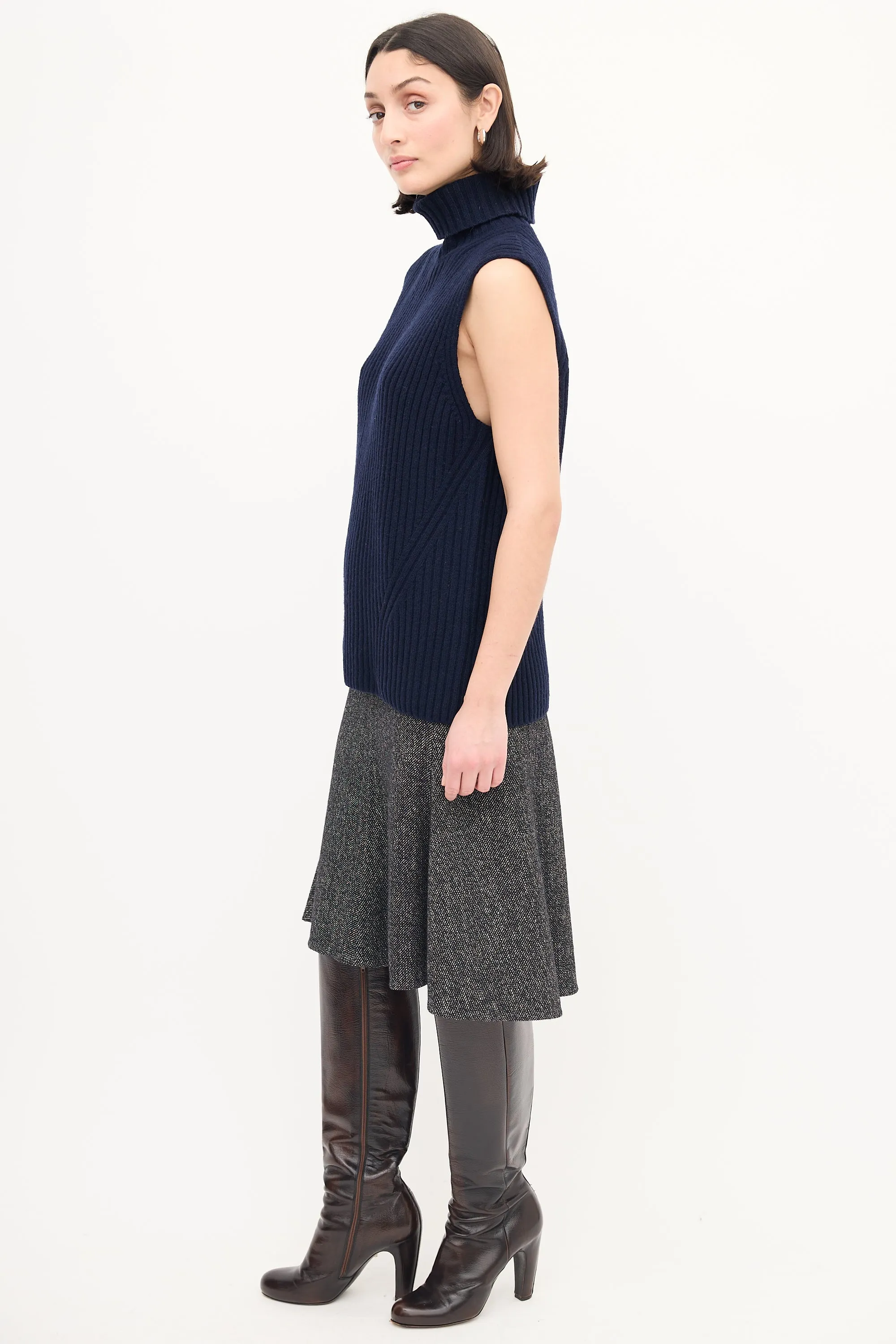 Navy Wool Ribbed Knit Turtleneck Vest