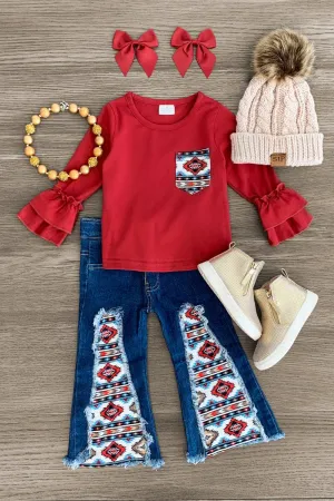 Red Aztec Flare Jean Set