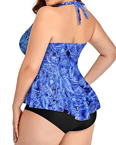 Ruffle Plus Size Two Piece High Waisted Swimsuits For Women-Blue Tribal