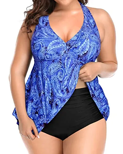 Ruffle Plus Size Two Piece High Waisted Swimsuits For Women-Blue Tribal