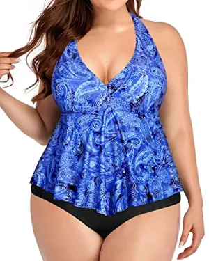 Ruffle Plus Size Two Piece High Waisted Swimsuits For Women-Blue Tribal