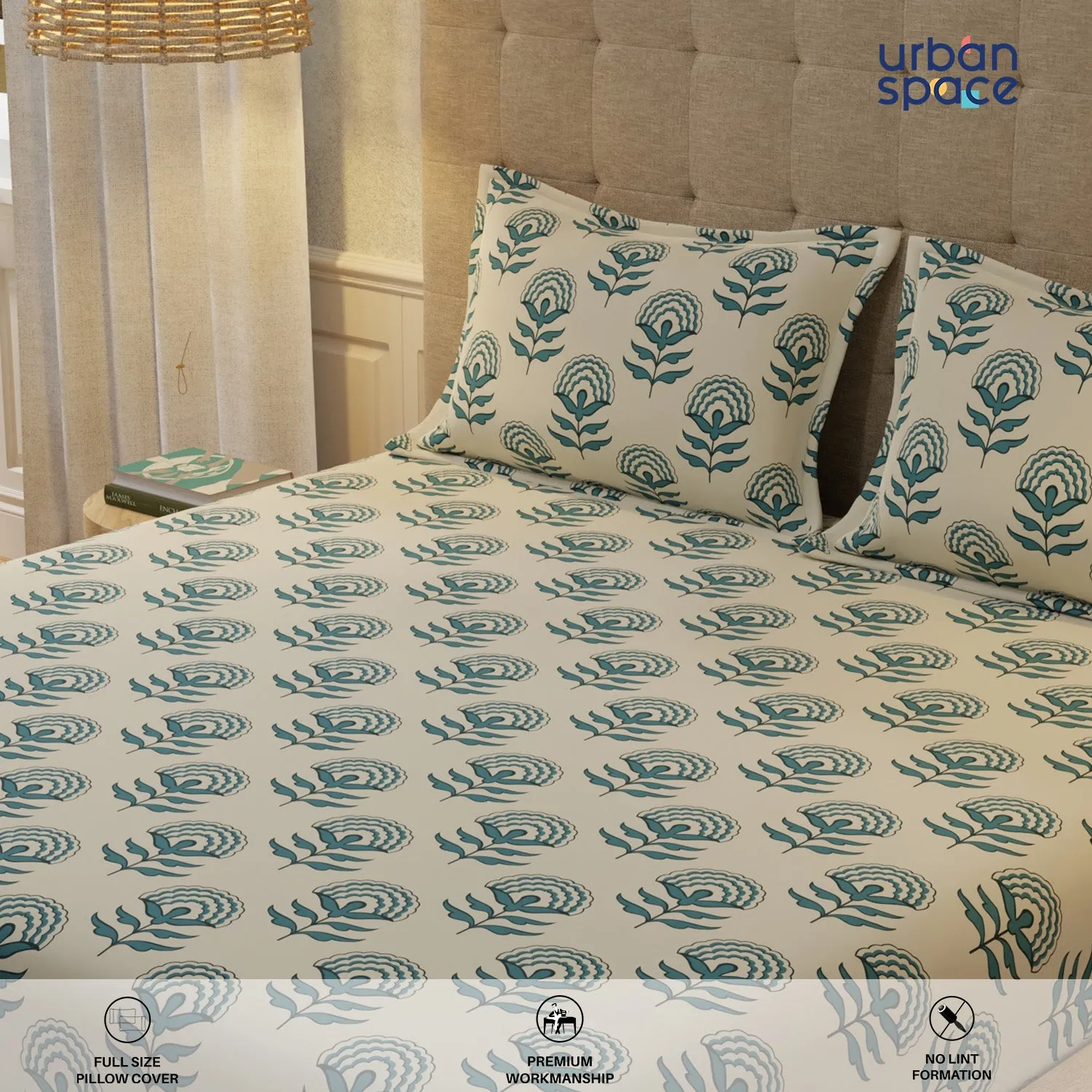 Serene 200 TC 100% Cotton Single Bedsheet with Pillow Covers - Florabell Blue