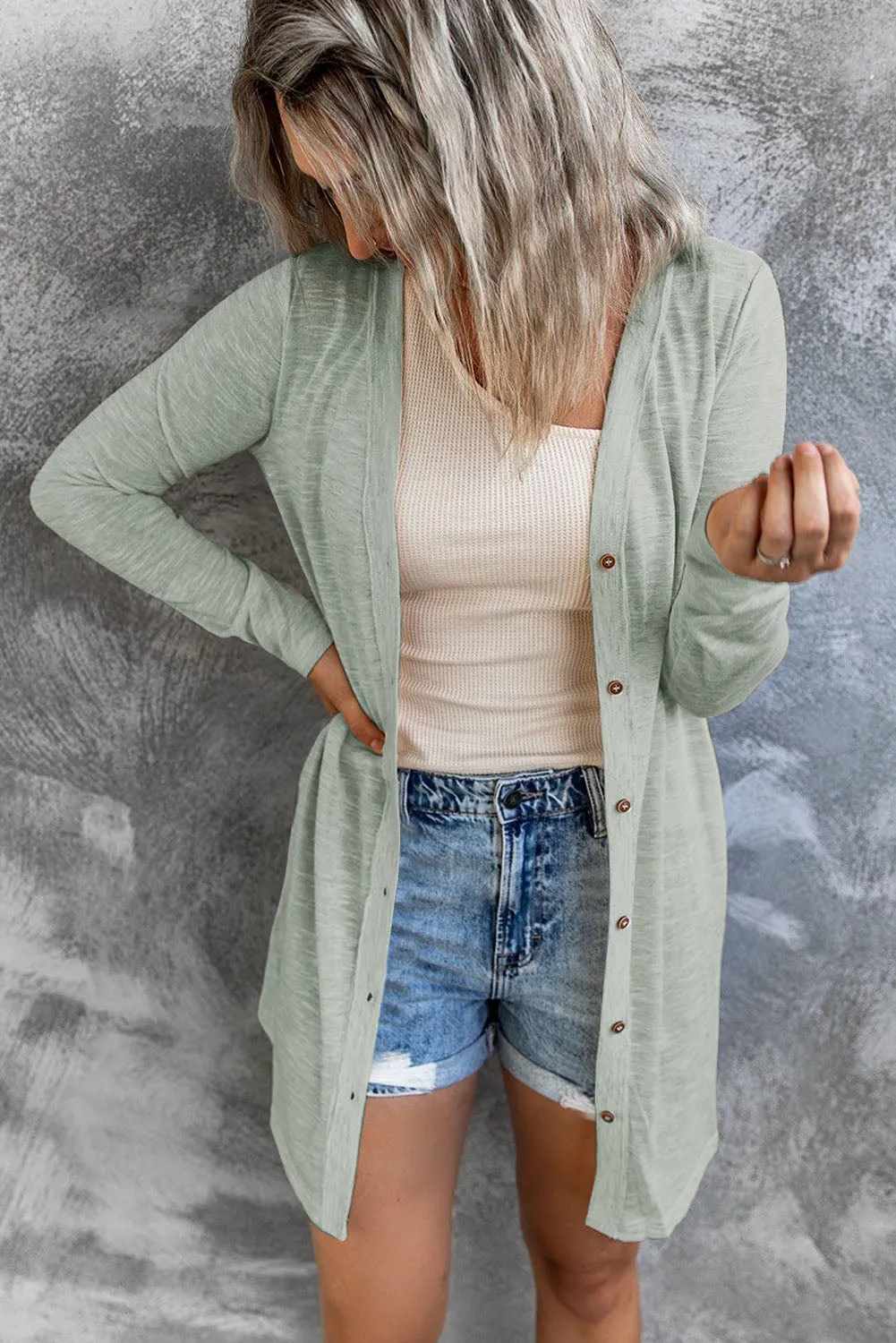 Solid Color Open-Front Buttons Cardigan