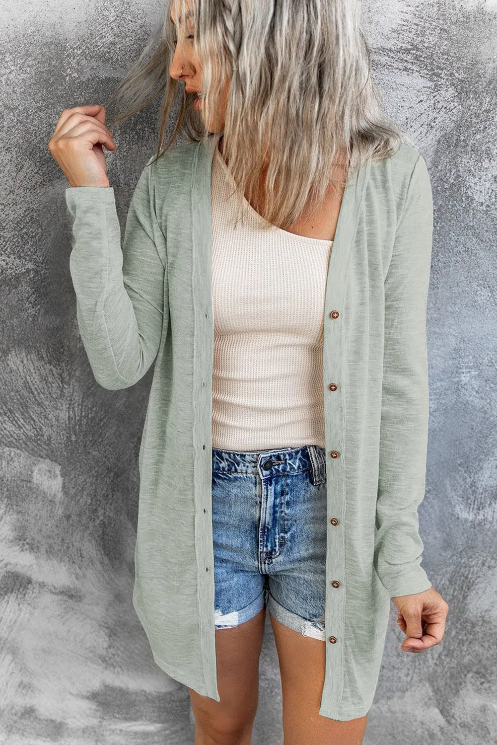 Solid Color Open-Front Buttons Cardigan