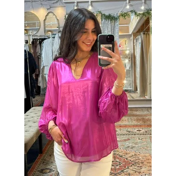 The Vogue Magenta Shimmer V-Neck Bubble Sleeve Top