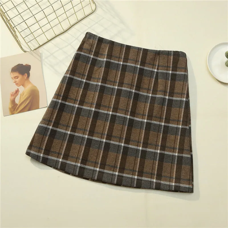 Trendy High Waist Wool Chequered Skirt Women Korean Slim Look Anti-Exposed A-Line Pencil Skirt