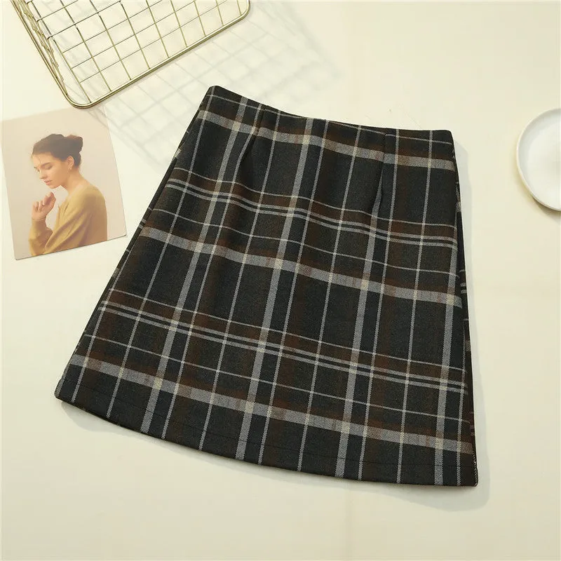 Trendy High Waist Wool Chequered Skirt Women Korean Slim Look Anti-Exposed A-Line Pencil Skirt