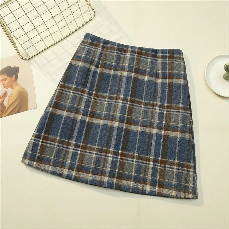 Trendy High Waist Wool Chequered Skirt Women Korean Slim Look Anti-Exposed A-Line Pencil Skirt