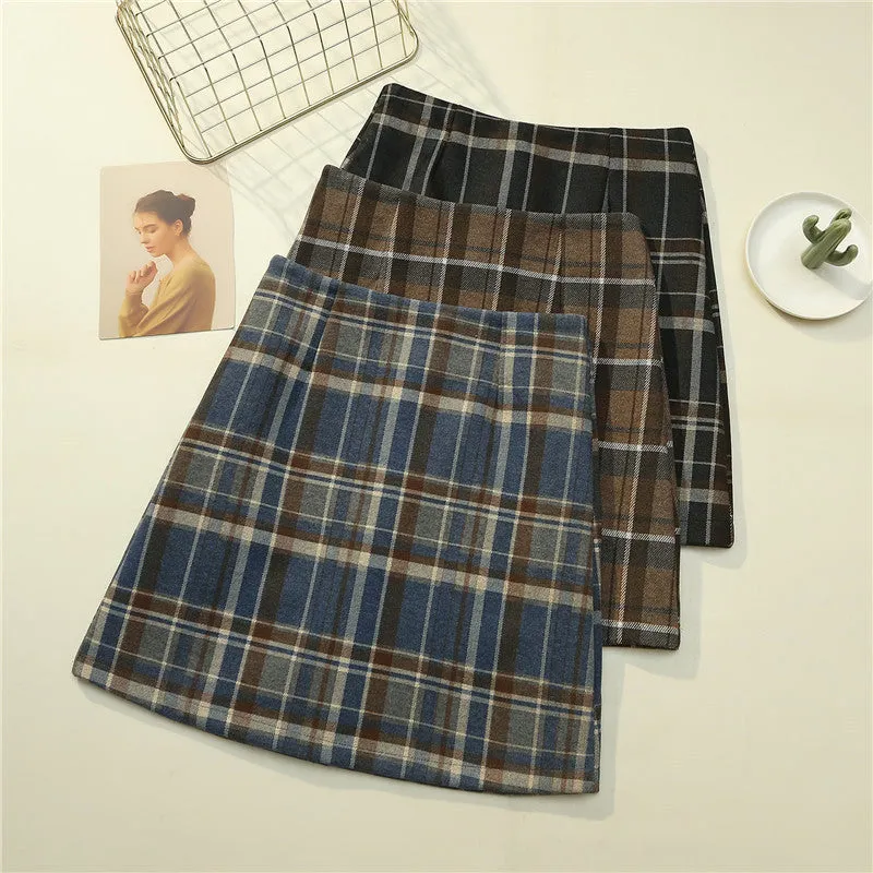 Trendy High Waist Wool Chequered Skirt Women Korean Slim Look Anti-Exposed A-Line Pencil Skirt