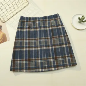 Trendy High Waist Wool Chequered Skirt Women Korean Slim Look Anti-Exposed A-Line Pencil Skirt