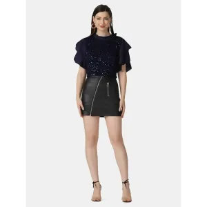 Trendy Navy Velvet Crepe Ruffle Short Sleeve Sequins Embellished Women Top