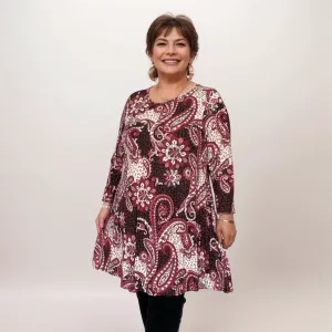 WINE PAISLEY 3/4 SLEEVE SWING TOP A-LINE