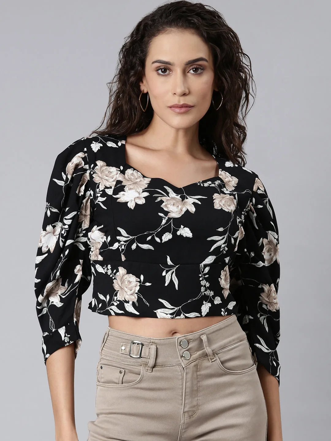 Women Black Floral Cinched WaistCrop Top