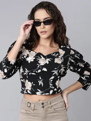 Women Black Floral Cinched WaistCrop Top