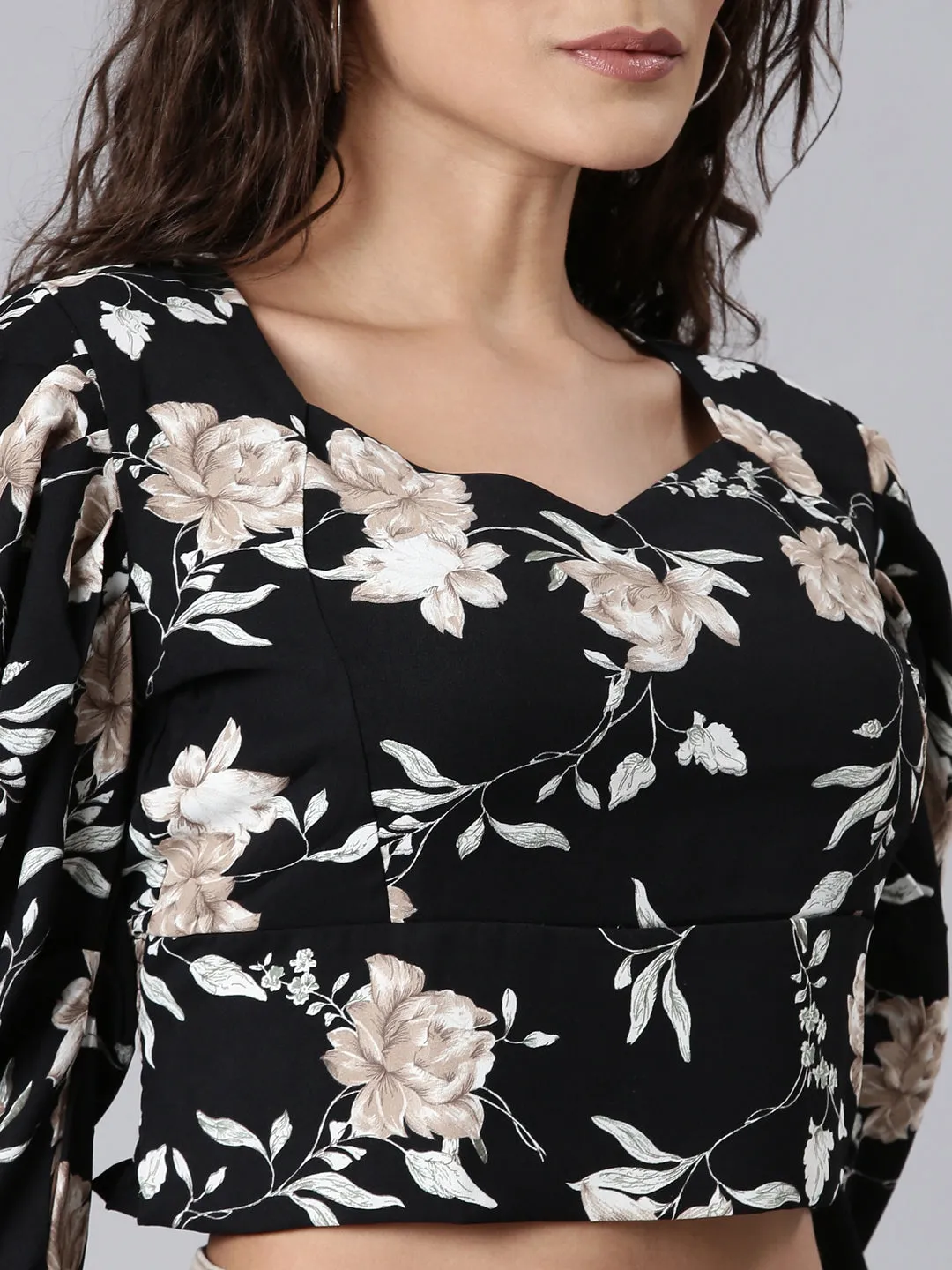 Women Black Floral Cinched WaistCrop Top