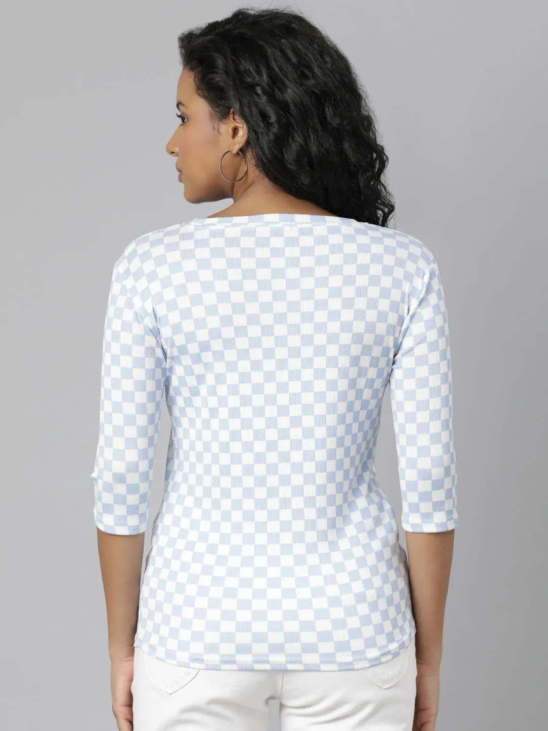 Women Blue Checked T Shirt